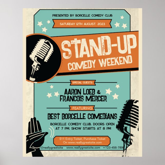 Poster Show de Comédia Stand Up Retro Vintage Grunge (Frente)