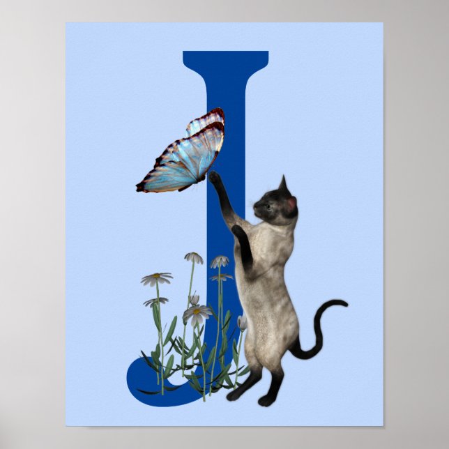 Poster Siamese Cat Butterfly Monograma Inicial J (Frente)