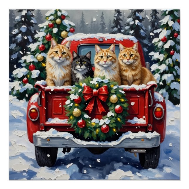 Póster Siberian Cat Christmas Red Truck Holiday (Frente)