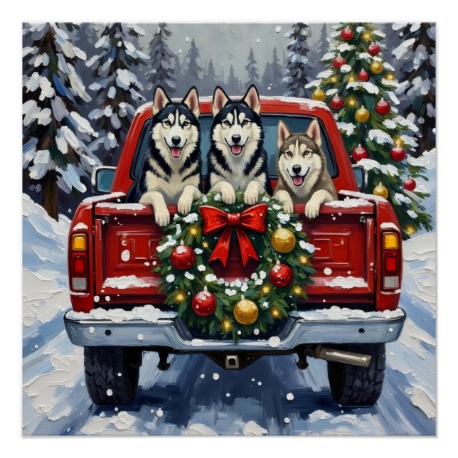 Póster Siberian Husky Christmas Red Truck Holiday (Frente)