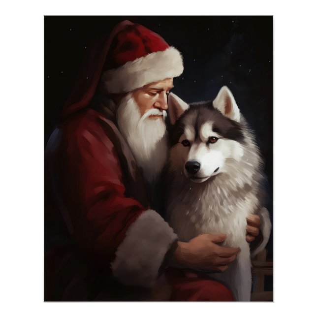 Póster Siberian Husky com Papai Noel Natal Festivo (Frente)