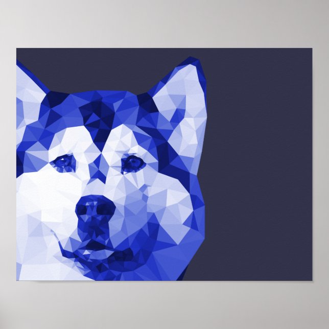 Poster Siberian Husky Low Poly Art em Azul (Frente)
