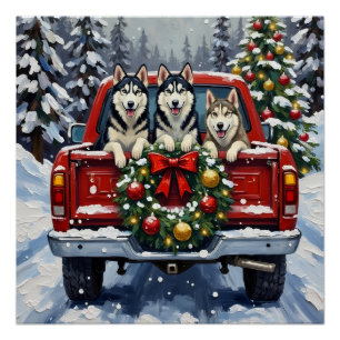 Póster Siberian Husky Natal Caminhão Vermelho Férias