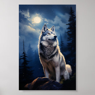 Poster Siberian Husky numa noite iluminada pela lua
