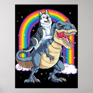Poster Siberian Husky Riding Dinosaur Rex Gifts Boys