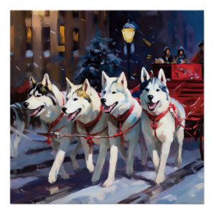 Póster Siberian Husky Temporada Festiva de Natal