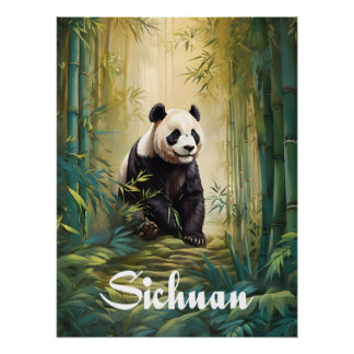 Póster Sichuan China Panda Bamboo Forest Travel Poster
