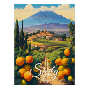 Póster Sicília Itália Pomar de Laranja Campo Viagem