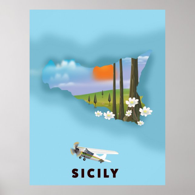Poster Sicília mapa ilustrado pôster de viagem (Frente)