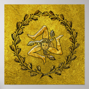 Póster Siciliana Trinacria Olive Wreath na Dourada