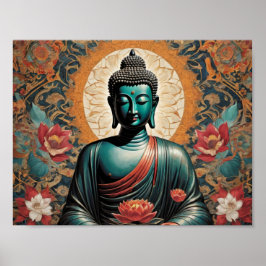 Poster Siddarta Gautama Buddha em meditação com flores