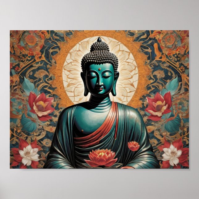 Poster Siddarta Gautama Buddha em meditação com flores (Frente)