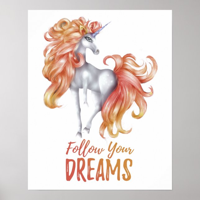 Poster Siga seus sonhos - Laranja e Branco Unicorn (Frente)
