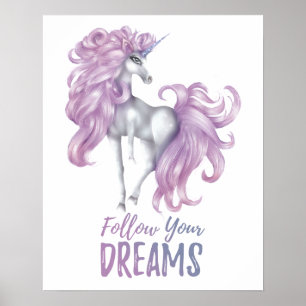 Poster Siga Seus Sonhos - Unicórnio Roxo e Branco