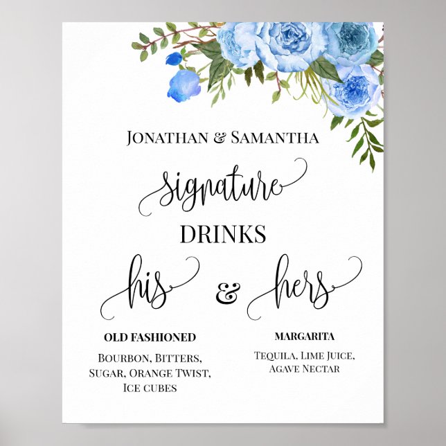 Poster Signature Bebe Casais Sinal Floral Azul de Casamen (Frente)