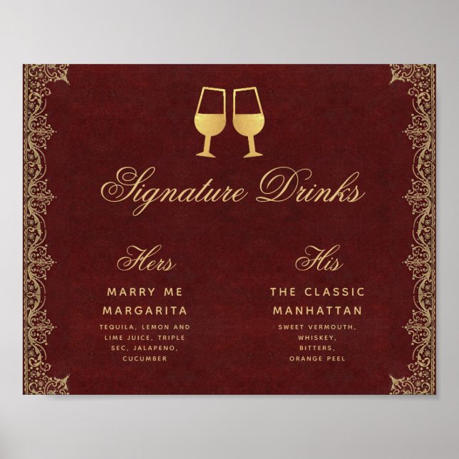 Poster Signature Bebe Sinal de Casamento Dourado Burgundy (Frente)