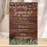 Poster Signature Bebe String Luzes Rustic Wedking Bar<br><div class="desc">Bebidas de Assinatura! O eucalipto moderno, mas rústico, e as lanternas de cordas na madeira rústica do país com caligrafia elegante, esta placa de bar de bebida assinada apresenta dois coquetéis "A Noiva" e "O Cavalo", personalizados com suas bebidas preferidas. Personalize este símbolo de casamento elegante com seus nomes e...</div>