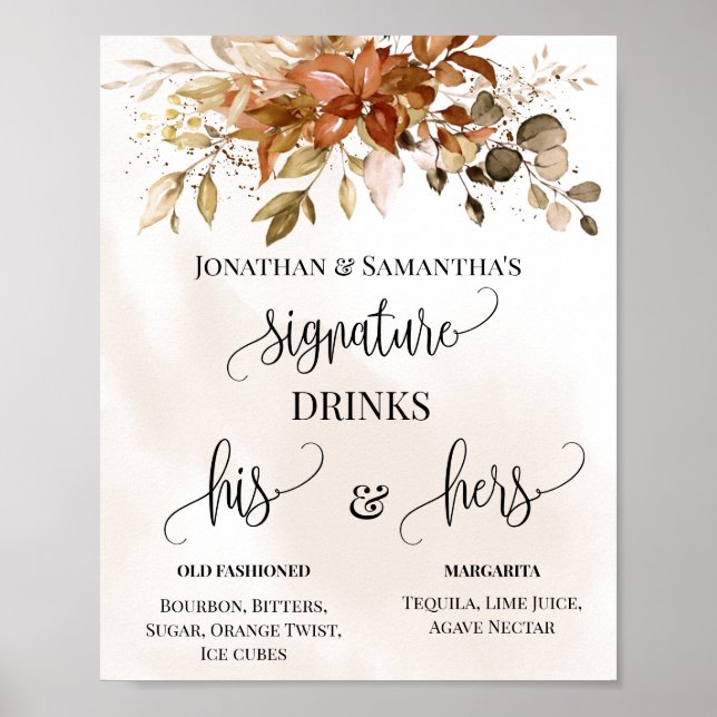 Poster Signature Bebidas Casamento outono Eucalyptus (Frente)