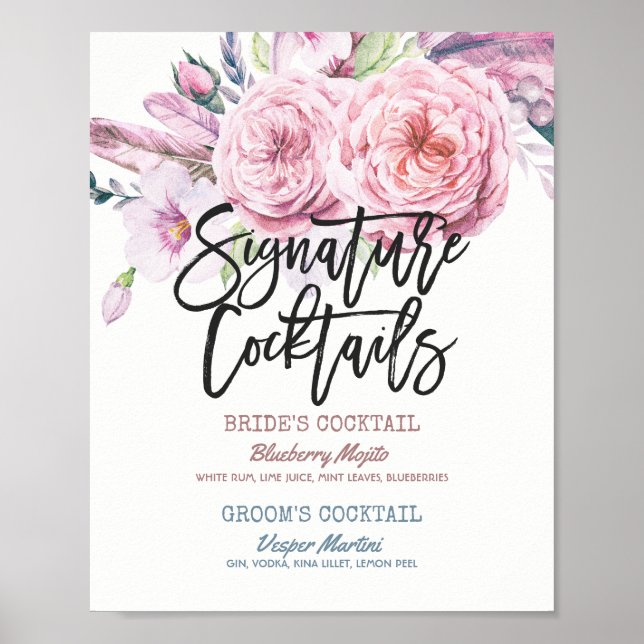 Póster Signature Cocktail Drink Menu Boho Floral (Frente)