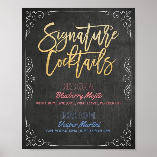 Póster Signature Cocktail Drink Menu Casamento Decor Sina (Frente)