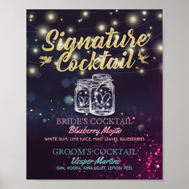 Póster Signature Cocktail Drink Menu Casamento Decor Sina (Frente)