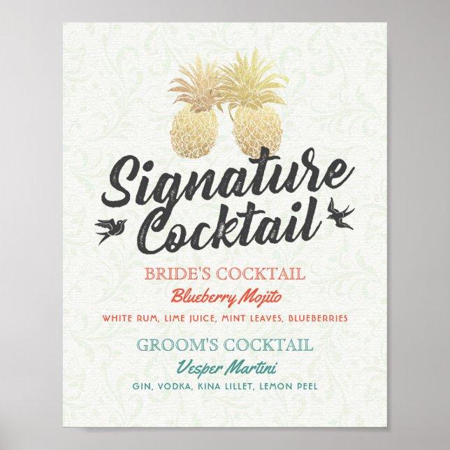 Póster Signature Cocktail Drink Menu Casamento Decor Sina (Frente)