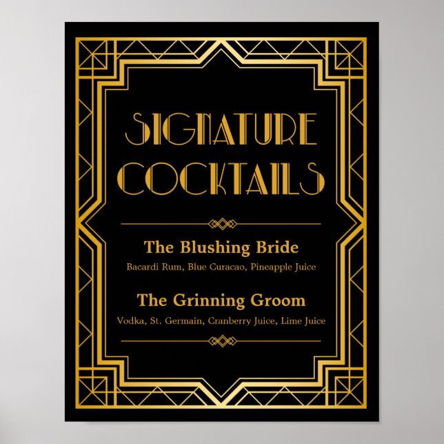 Póster Signature Cocktail Wedding Sign | Gatsby Art Deco (Frente)