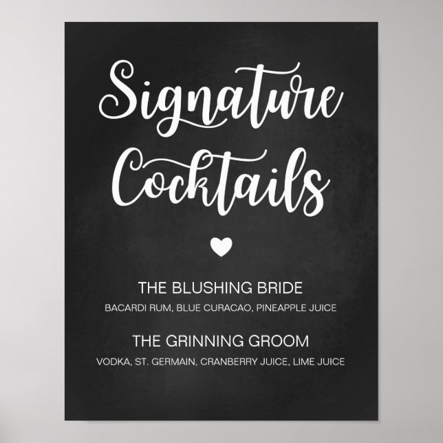 Poster Signature Cocktail Weding Sinal de Caligrafia Mode (Frente)