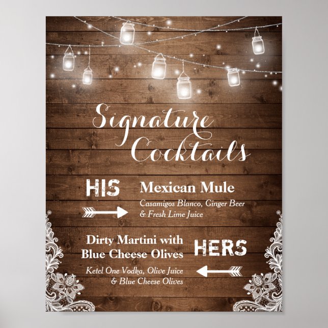 Póster Signature Cocktails Rustic String Lights Lace (Frente)