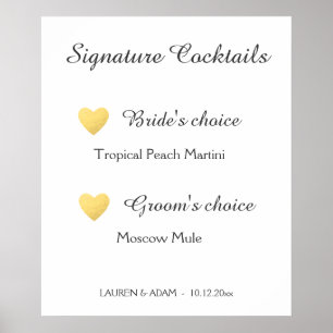 Poster Signature Cocktails, sinal de casamento, corações