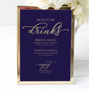 Poster Signature Drinks Chic Dourado Script Marinho Blue