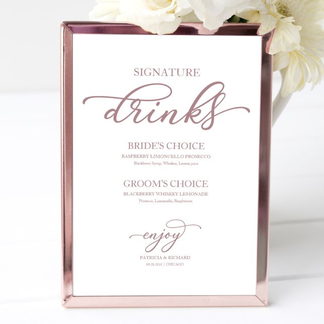 Poster Signature Drinks Chic Rosa Sinal de Script Dourado (Criador carregado)