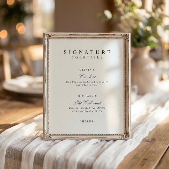 Poster Signature Drinks Elegant Simple Wedding Bar Sign (Elegant black and white signature drinks wedding sign with simple script and minimalist design)
