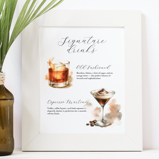 Poster Signature Drinks Signs | Watercolor Cocktails (Signature drinks signs designed with an espresso martini and old fashioned by Do Tell A Belle)