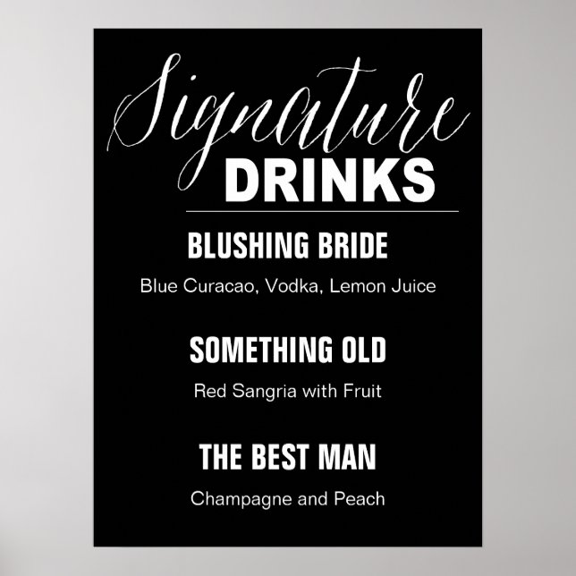 Póster Signature Drinks Sinais de casamento - fundo preto (Frente)