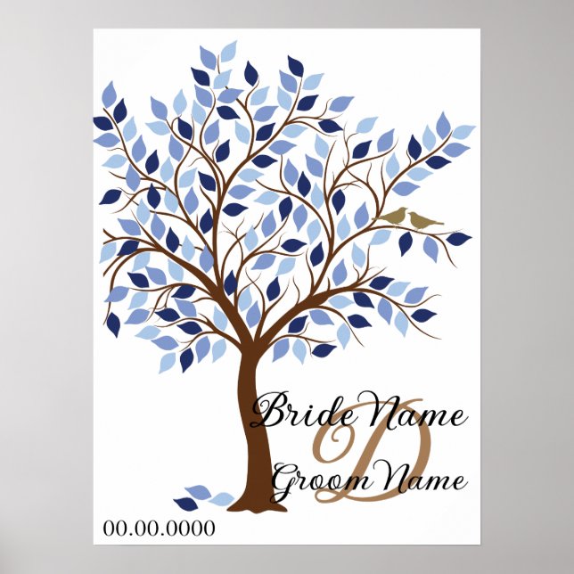 Poster Signature Wedding Guest Book Tree, em Blues. (Frente)