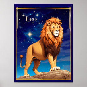 Poster Signo Zodiacal de Leão sob um Céu Estrelado