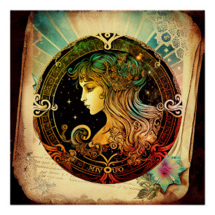 Póster Signo zodiacal de Virgem em página de livro antigo