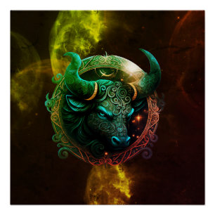 Póster signo zodiacal touro azul em galáxia de cores cósm