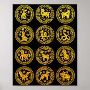 Poster Signos do Zodíaco dos 12 Animais Chineses Ano Novo