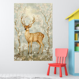 Poster sika deer in a spring forest, surrounded by flower