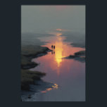 Poster Silhouette Couple Sunset Stream Reflection<br><div class="desc">Two silhouetted figures hold hands as they walk along a shallow stream bathed in the last warm light of sunset. The sky burns in peach, rose, and deep orange, perfectly mirrored on the still water below, while soft mist and tall grasses fade into cool gray-blue distance. Delicate rays of golden...</div>