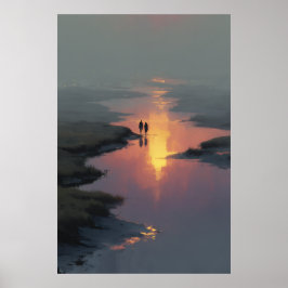 Poster Silhouette Couple Sunset Stream Reflection