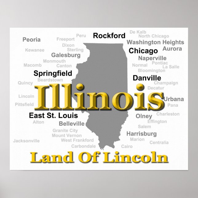 Póster Silhouette do Mapa do Orgulho do Estado de Illinoi (Frente)
