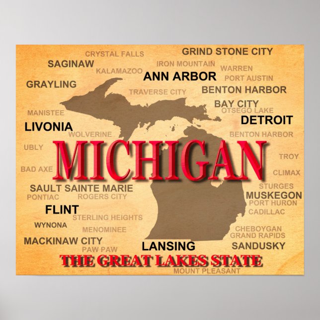 Poster Silhouette do Mapa do Orgulho Estatal de Michigan (Frente)