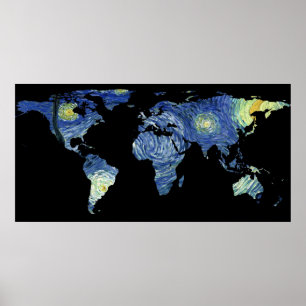 Póster Silhouette do Mapa Mundial - A Noite Estrelada