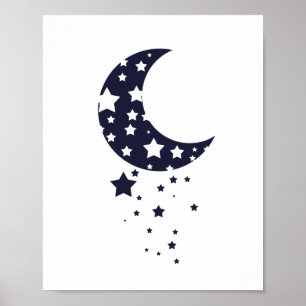 Póster Silhueta da Lua e das Estrelas em azul escuro