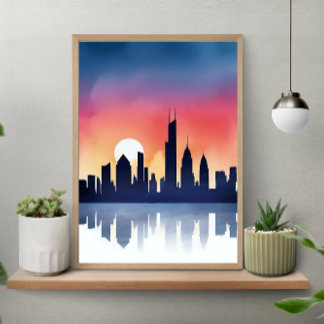 Poster Silhueta da Paisagem Urbana ao Pôr do Sol