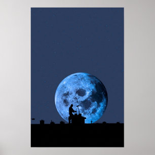 Póster silhueta da varredura de chaminé no telhado contr