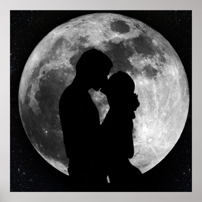 Póster Silhueta de amantes na lua de cheio à noite (Frente)